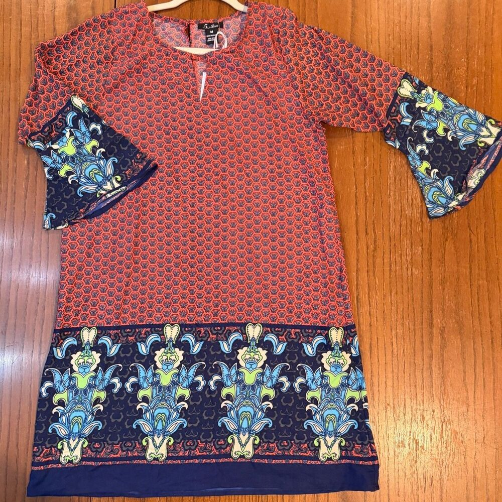 5th & Love Boho Shift Dress Coral Medallion Print Bell Sleeve NWT Medium